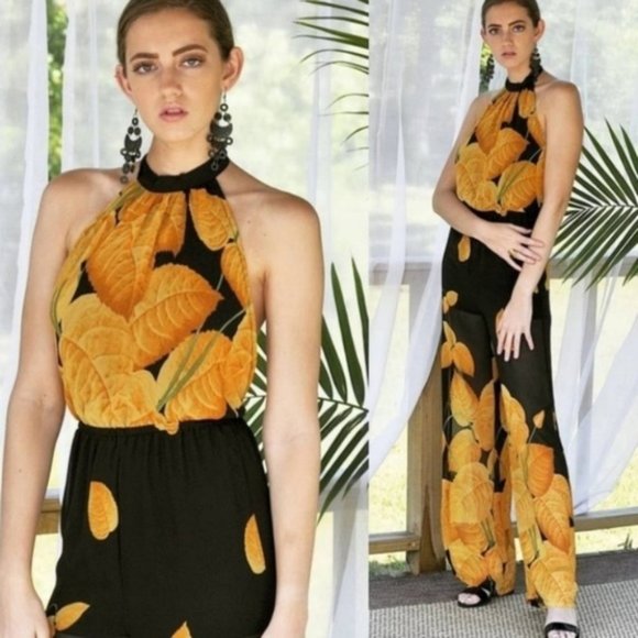 Pants - BLACK AND YELLOW PRINT JUMPSUIT